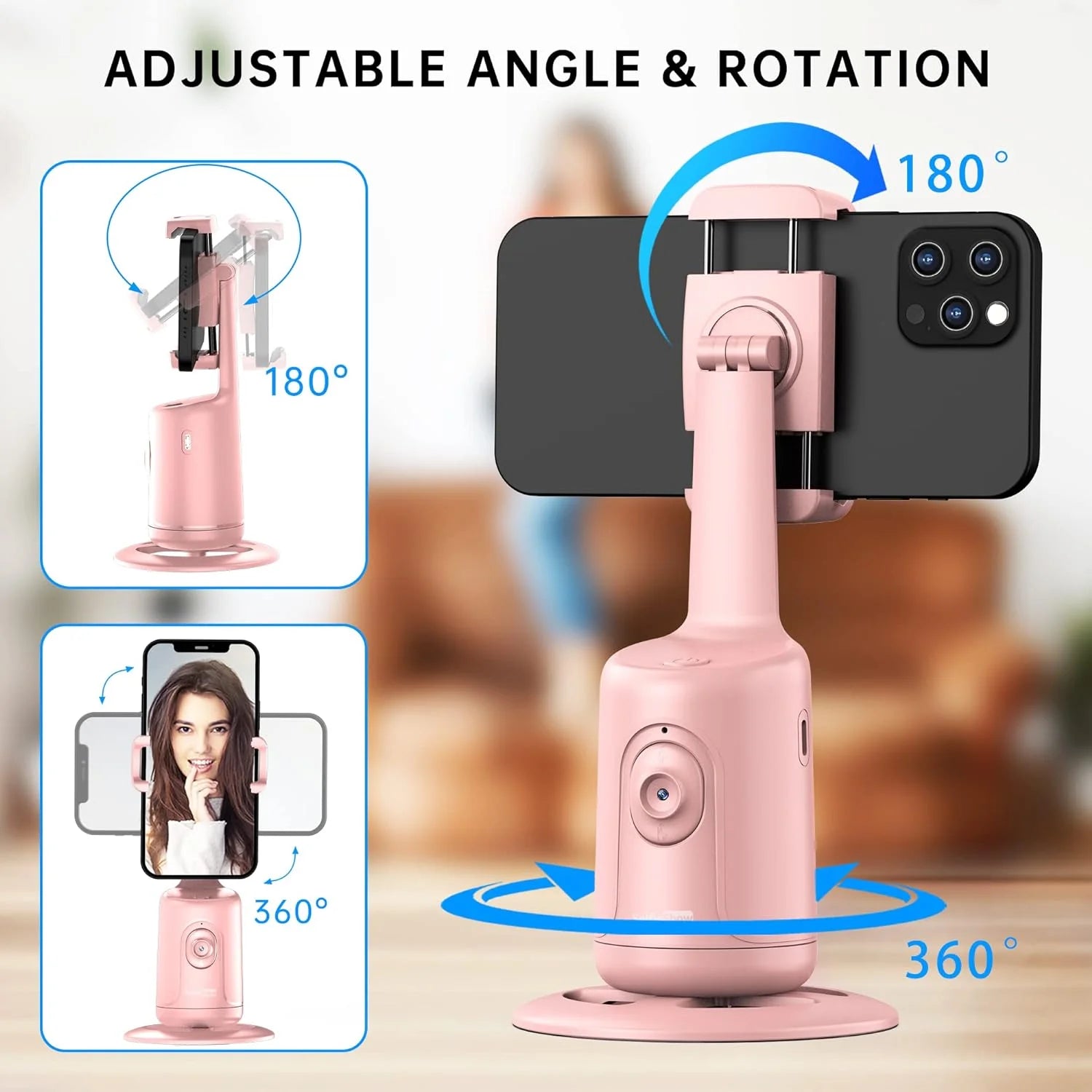 Pink Auto Face Tracking Tripod, 360 Rotation Face Body Phone Camera Mount Smart Shooting Phone Tracking Holder for Live Vlog Streaming Video, Pink