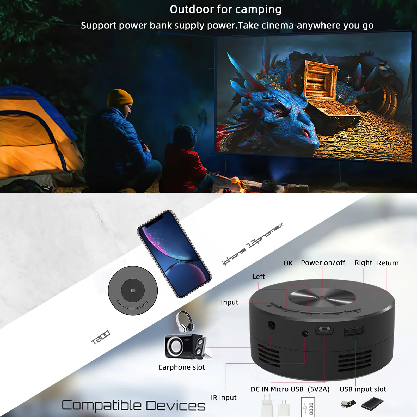 Mini Projector, HD Home Theater Movie Projector, LED Pico Video Mobile Phone Projector With Remote Control